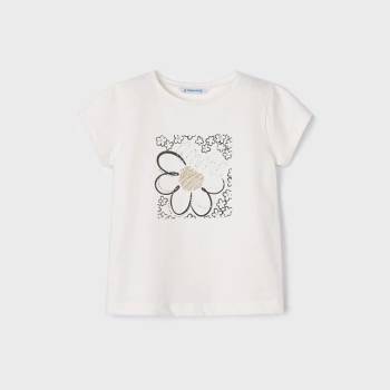 MAYORAL Тениска с къс ръкав basic за момиче с цветя и камъни в мръсно бяло Майорал