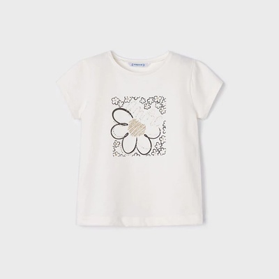 MAYORAL Тениска с къс ръкав basic за момиче с цветя и камъни в мръсно бяло Майорал