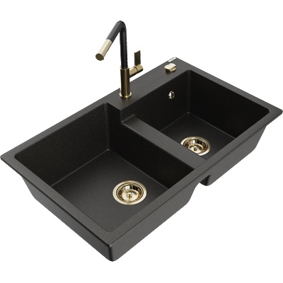 Mexen Tomas гранитна кухненска мивка с 2 камери и кухня батерия Flora, черен/златен металик - 6516-75-670401-57-G (6516-75-670401-57-G)