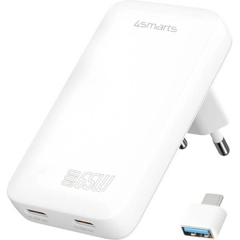 4smarts GaN FlatPlug Slim Duos Wall Charger 65W - захранване за ел. мрежа за мобилни устройства с 2xUSB-C изходи и с технология за бързо зареждане (бял)
