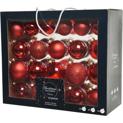 Decoris Sada koulí na vánoční stromeček, sklo, červená, 42dílná
