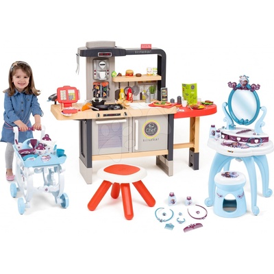 Smoby Set restaurace s elektronickou kuchyňkou Chef Corner Restaurant a kosmetický stolík Frozen se servírovacím vozíkem
