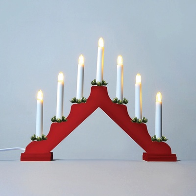 KONSTSMIDE Adventní svícen dřevěný červený, 7 x čirý LED Filament 34V/0,2W
