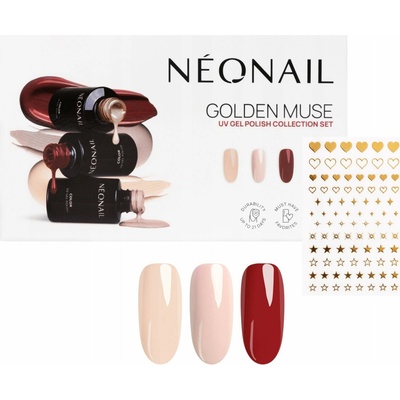 NoName NEONAIL_SET hybridní lak Golden Muse Blushing Red 3ml + hybridní lak Sunset Nude 3ml + hybridní lak Blush Flush 3ml + metalické zlaté samolepky na nehty 1 ks