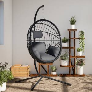 vidaXL Висящ стол яйце със стойка, антрацит, ратан и стомана (4007405)