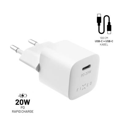 FIXED Мрежово зарядно устройство FIXED, Порт USB-C, USB-C/USB-C кабел, 1 м, PD Charge, 20 W, Бяло (FIXC20M-CC-WH)