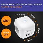 Qoltec Power Strip Extension Cord 6-in-1 with Illuminated Switch | 3x AC | 2x USB | 1x USB-C PD 20W | White