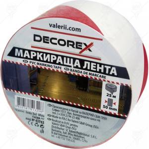 DECOREX ЛЕНТА МАРКИРАЩА САМОЗАЛ. decorex ЗА ПОД И СТЕНИ 50ммх25м ЧЕРВЕНО БЯЛА (43743)
