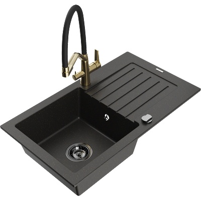Mexen Pablo гранитна мивка с 1 отделение с отцедник и кухненски смесител Duo, черен/златен металик - 6510-75-671701-57-B (6510-75-671701-57-B)