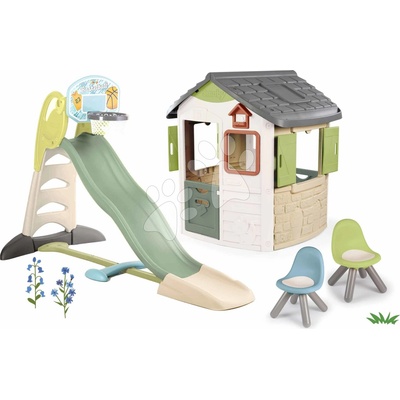 Smoby Set domček a šmykľavka s basketbalovým košom Life Jura Lodge rozšíriteľný s vodnou hrou a 2 stoličkami