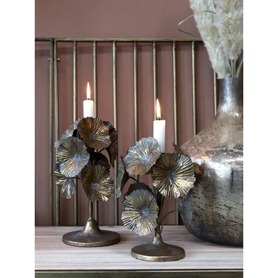 Bronzový antik kovový svícen zdobený květy Flower - Ø 18*24cm - Chic Antique