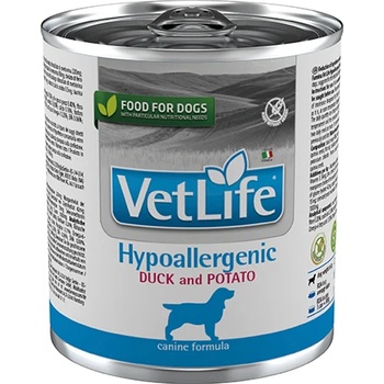 Vet Life Hypoallergenic Duck & Potato - пълноценна диетична храна за кучета за намаляване на непоносимостта към някои съставки и хранителни елементи; за подпомагане на кожната функция при дерматози и обезкосмяване 300 гр