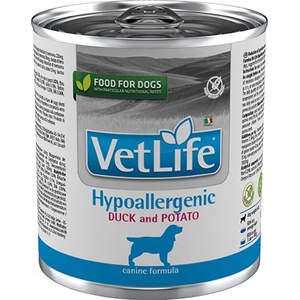 Vet Life Hypoallergenic Duck & Potato за кучета за намаляване на непоносимостта към някои съставки и хранителни елементи; за подпомагане на кожната функция при дерматози и обезкосмяване 300gr