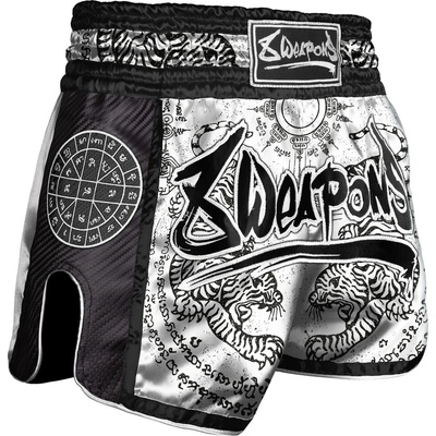 8 Weapons Muay Thai šortky Carbon Sak Yant Tigers biele