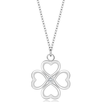 Šperky eshop Stříbrný náhrdelník srdcový čtyřlístek s čirým diamantem T12.01