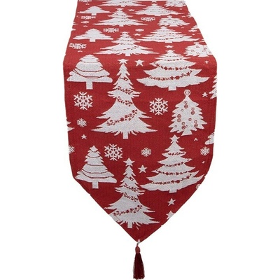 Clayre & Eef Bílo-červený látkový běhoun s vánočními stromky a střapci 33x180 cm