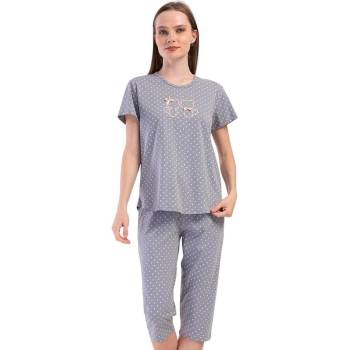 Дамска лятна пижама в сиво с точки и котета