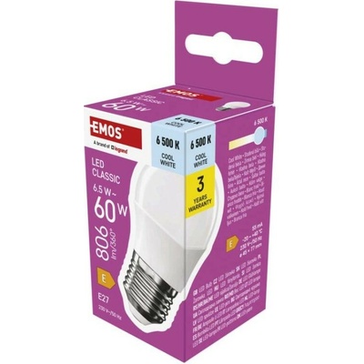 EMOS LED žiarovka Classic Mini Globe E27 6,5 W 60 W 806 lm Studená biela ZQ6E44