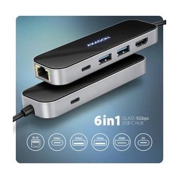 AXAGON HMC-6GLN, USB 5Gbps hub, 2x USB-A, USB-C, HDMI 4k/60Hz, RJ-45 GLAN, PD 100W, USB-C cable 20cm