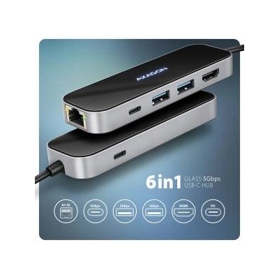 AXAGON HMC-6GLN, USB 5Gbps hub, 2x USB-A, USB-C, HDMI 4k/60Hz, RJ-45 GLAN, PD 100W, USB-C cable 20cm