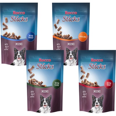 Rocco Sticks Mini výhodné Adult míchané Hovězí drůbeží pstruh zvěřina 4 x 100 g