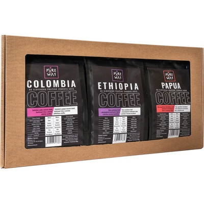 Pure Way Darčekový set odrodových káv Papua Colombia Ethiopia 3 x 200 g