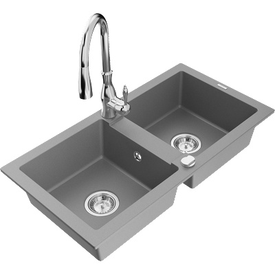 Mexen Mario гранитна мивка с 2 камери и кухненски смесител Savita, сива - 6504-71-672601-00 (6504-71-672601-00)