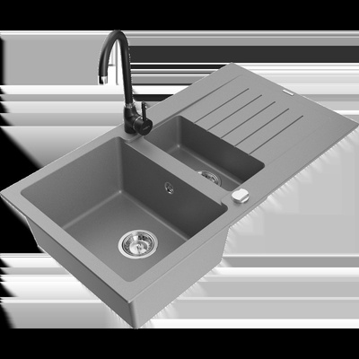 Matias гранитна мивка 1, 5-коморна с оцеждател и кухненски смесител Telma, сива - 6502-71-670200-70 (6502-71-670200-70)