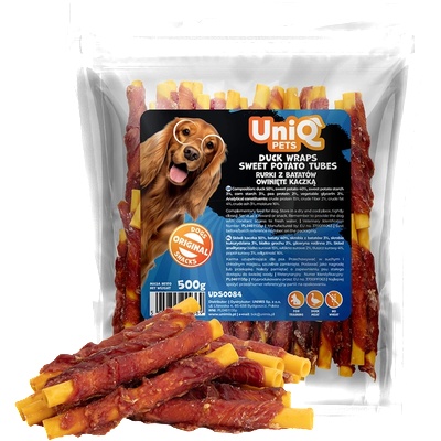 Uniq Pets Dog Snacks Duo Duck Wraps Sweet Potato Tubes лакомства за кучета с патешко и сладък картоф, 500 г