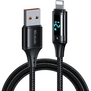 Mcdodo Кабел за данни - Mcdodo (CA-1060) - USB 2.0 → Lightning, цифров дисплей, найлон оплетка, алуминий, 3A, 1.2m - Черен