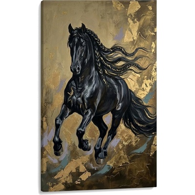 Obraz čierneho koňa v cvale na plátne – s ručne maľovanými detailmi - 40x60 cm