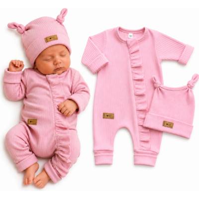 Detská súprava Nature Girl rebrovaný overal s čiapočkou 2D bavlna baby pink