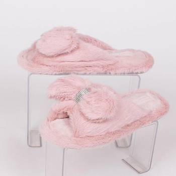 Image 1 of Дамски пухкави пантофи в розово с панделка