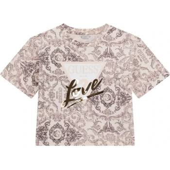 GUESS Къси тениска в бледо розово покрита с детайли, с лъскав надпис LOVE Guess