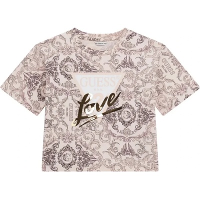 GUESS Къси тениска в бледо розово покрита с детайли, с лъскав надпис LOVE Guess