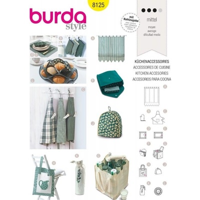 Střih Burda číslo 8125 kuchyňské doplňky, zástěra, chňapka, prostírání, závěs – Sleviste.cz