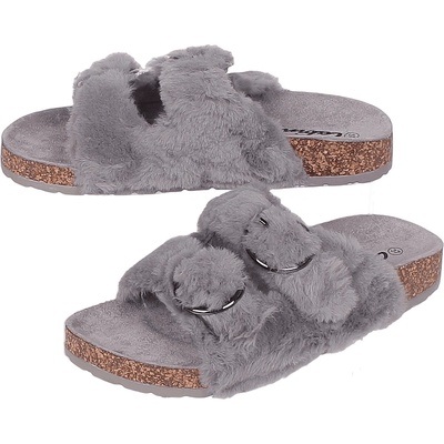 Домашни чехли в сиво с пух