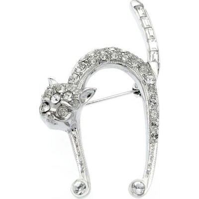 Brož kočka Swarovski Rhodium Crystal čiré oči