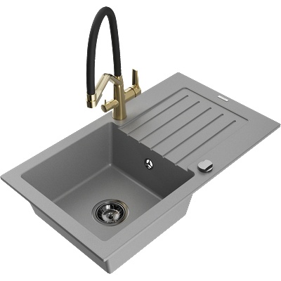 Mexen Pablo гранитна кухненска мивка с 1 корито, с отцедник и кухненски смесител Duo, сив - 6510-71-671701-57-B (6510-71-671701-57-B)