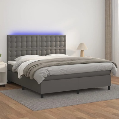 vidaXL Боксспринг легло с матрак и LED сиво 180x200 см изкуствена кожа (3135961)