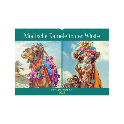 Modische Kamele in der Wüste. Extravagante Highlights Wand DIN A2 quer, CALVENDO Monats 2026