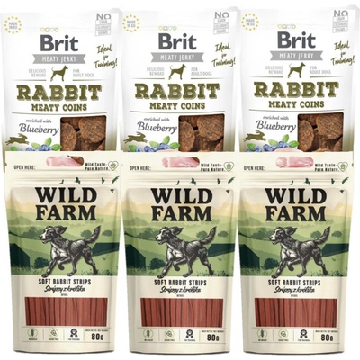 BRIT Jerky Snack Rabbit Meaty Coins with Blueberry + WILD FARM králičí proužky 6 x 80 g