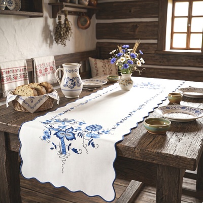 Raebel Vyšívaný modro biely behúň stredová šerpa 5898 biela Polyester 40x140cm