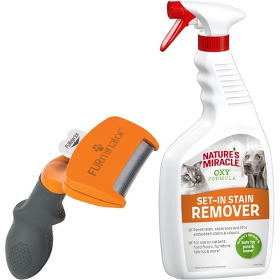 FURminator deShedding Tool M krátkosrstá plemena šířka hřebenu 6,1 cm + odstraňovač skvrn a zápachu 709 ml