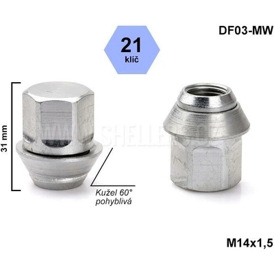 Kolová matice M14x1,5 FORD, LAND ROVER, JAGUAR, kužel pohyblivá, klíč 21, DF03-MW uzavřená, výška 31