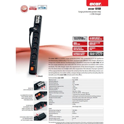Acar USB 3m kabel 6 zásuvek 2xUSB přep.ochr.černý ppacarusb-3
