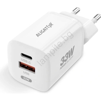ALIGATOR CHPD0020 - Адаптер за бързо зареждане GaN PD 33W USB-A + USB-C бял (PH0014)