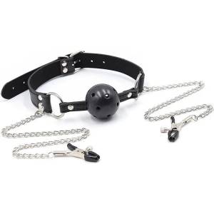 OhMama Fetish Breatherable Ball Gag With Nipple Clamps