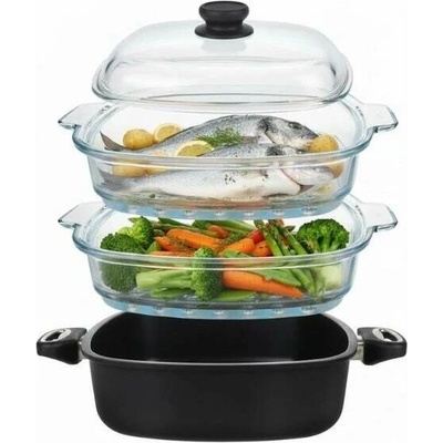 SKK Set pro patrové parní vaření Titanová pánev 26x26 cm 2x skleněný parní nástavec poklice