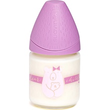 Suavinéx sklenná fľaša Meaningful Life bear gulatý dudlík fialová méďa 120ml